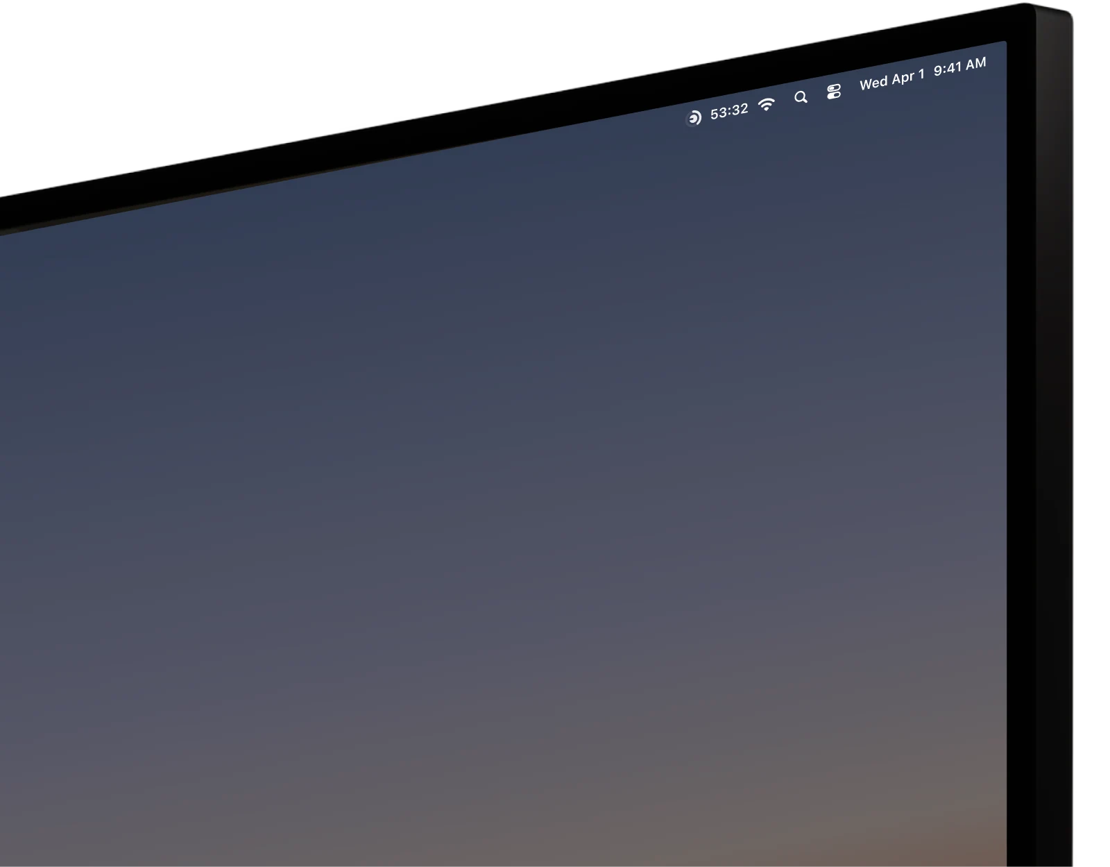 The corner of a Mac display at dusk, with Dial tracking 53:32 in the menu bar